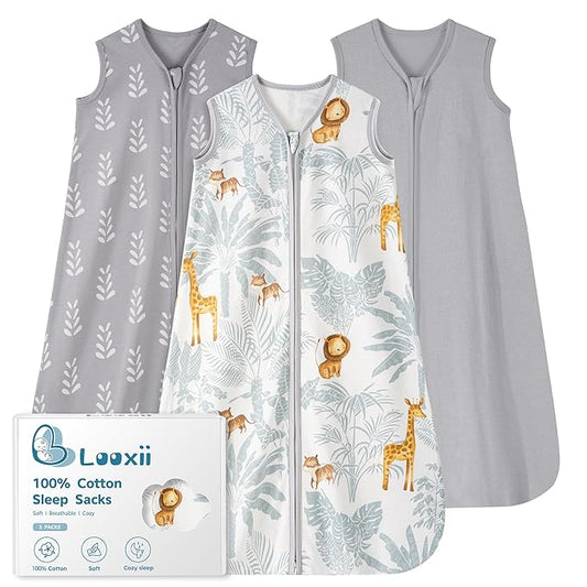 Looxii Baby Sleep Sack 0.5 TOG, 100% Cotton 3 Pack Wearable Blanket Baby Sleep Bag for Newborn Infant, 2-Way Zipper Lightweight Toddler Sleeping Sack 18-24 Months