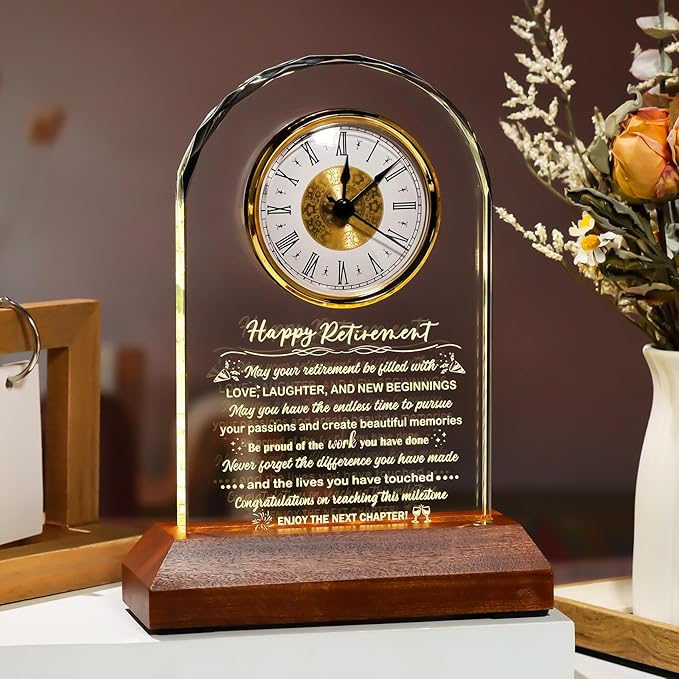Glass Retirement Clock With Wooden Light Base - Happy Retirement Plaque for Women Men Colleagues Boss Friend - Farewell Gift Idea for Her Going Away - Retired Keepsakes for Teacher Doctor
