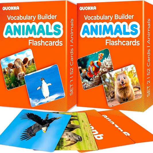 QUOKKA 104 Animal Flash Cards Set – Kids and Adults Vocabulary Builder for ABA Therapy, Early Childhood Education, ESL Teaching – Picture Cards for Speech Therapy and Vocabulary Building Activities