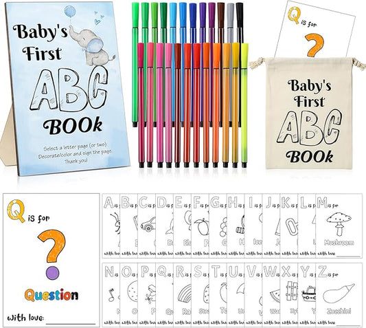 Geelin 51 Pcs Fun Baby Shower Game Activities First Abc Book Sign Coloring Game Card 26 Alphabet a to Z Coloring Card with 24 Watercolor Pen Storage Bag for Baby Shower Party(Blue Elephant)