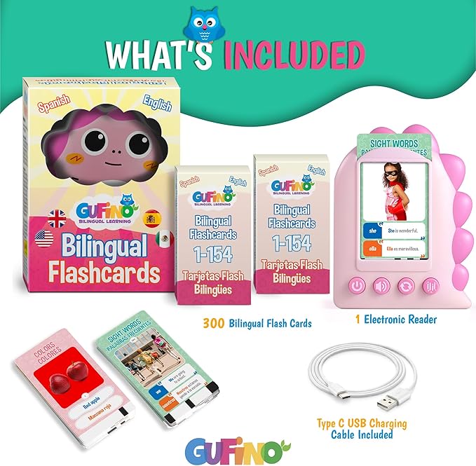 GUFINO – Spanish English Bilingual Flashcards for Toddlers 3-5 Years – Montessori Toys for 3+ Year Old, Preschool Supplies Learning Resources – Juguetes para Niñas de 3 Años o mayores. Pink