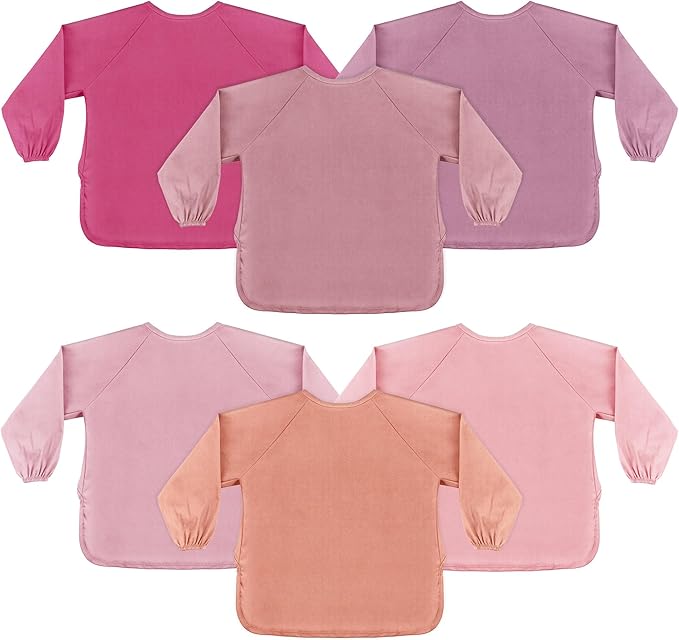 Jeyiour 6 Pack Long Sleeve Baby Bibs Mess Proof Bib Washable Feeding Bib Waterproof Smock Bib for Infant Toddler 6-24 Months