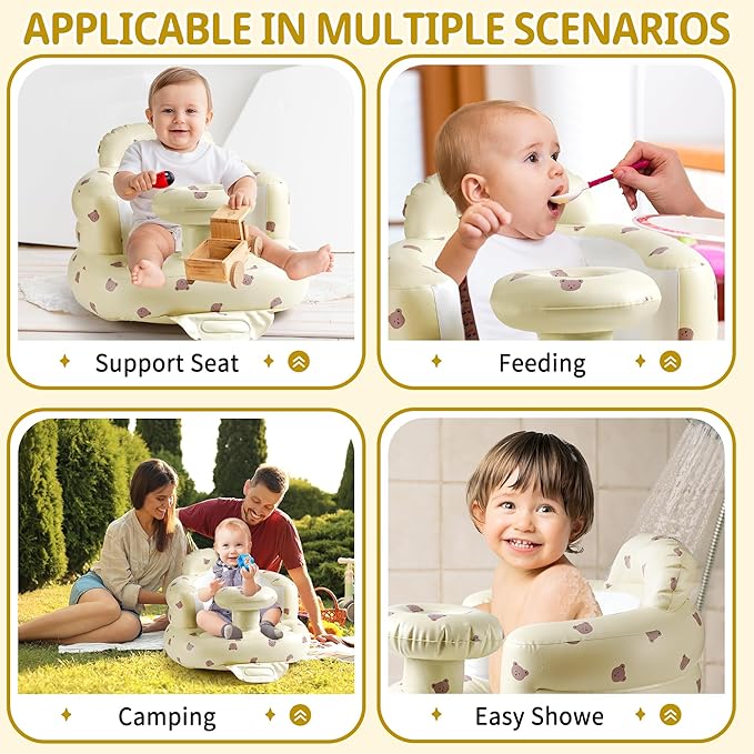 Inflatable Baby Seat for Babies 3 Months & Up, Baby Sit Up Chair Blow Up Baby Floor Seats with Tray, Built in Air Pump Infant Support Seat Perfect for Home Floors (Bear with Tray)