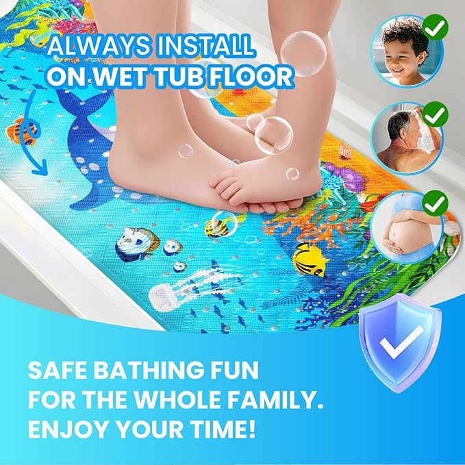 Linoows Baby Bath Tub Mat, 40 x 16 Inch Extra Large Non Slip Kids Cartoon Bathtub Shower Mats with Suction Cups & Drain Holes, Machine Washable for Bathroom, Undersea Dolphin