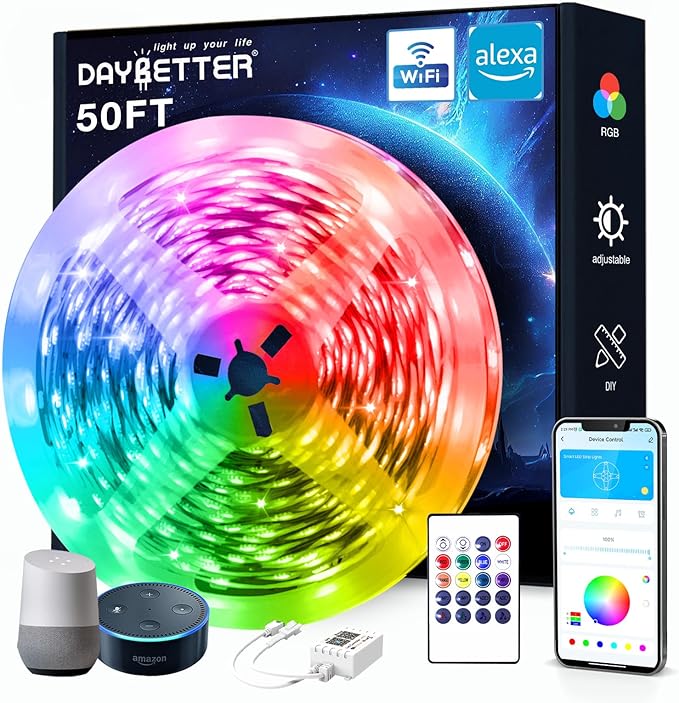 DAYBETTER Smart WiFi Led Lights, 50 FT RGB Led Strip Lights Compatible with Alexa and Google Assistant, App Voice Remote Control Music Sync Color ChangingLED Strip Lighting for Bedroom Room Decor