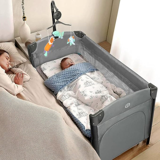JOYMOR Baby Bedside Bassinet, Baby Bassinet, Pack n Play Convert Playpen, Quick Foldable Travel Bed with Toy, Wheels & Brake, Carry Bag for Boys Girls (Gray)