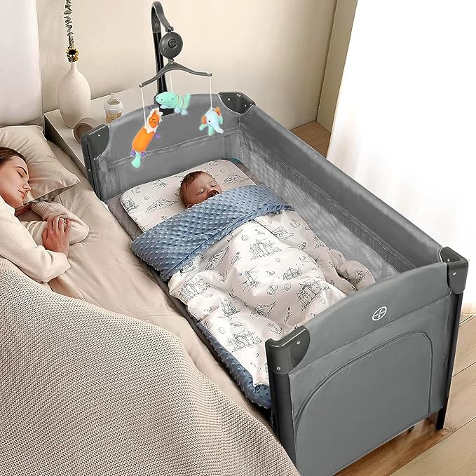 JOYMOR Baby Bassinet, Pack and Play with Bassinet and Carry Bag, Convert to Bedside Sleeper with Toy, Wheels for Boys Girls (Gray)