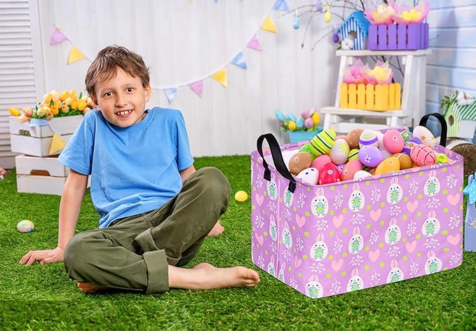 Rectangle Canvas Easter Basket, Rabbit, Laundry Basket, Storage Box for Toys Clothes Choice for Boys and Girls (Purple)