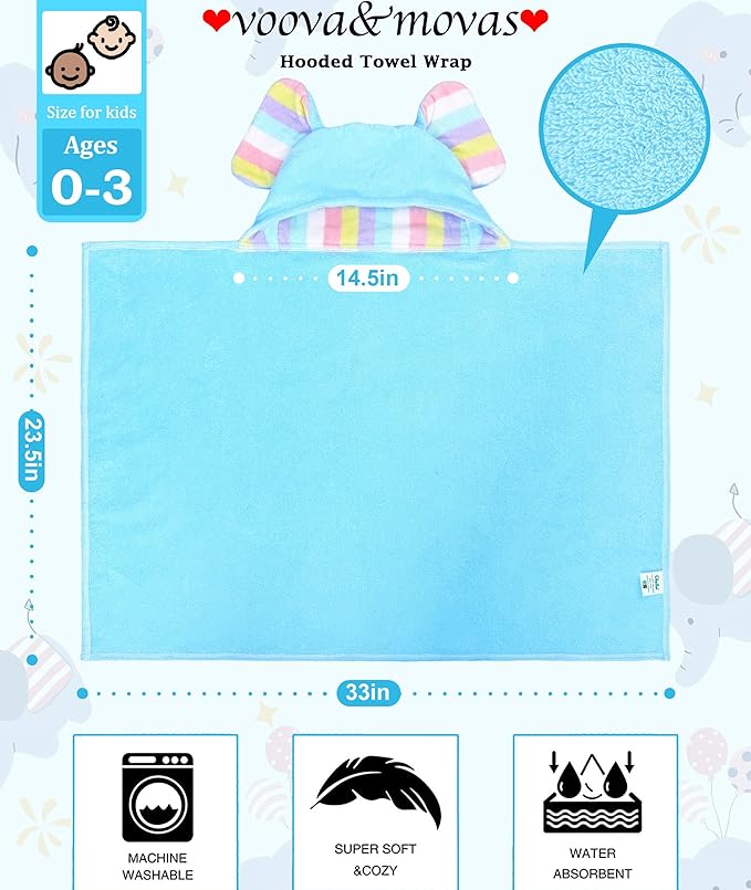 VOOVA & MOVAS Baby Hooded Bath Towel - 100% Cotton, 33x23.5 Inches,0-3Years, Super Absorbent Large Towel with Cute Elephant Ears Hood for Newborn, Baby, Toddler,Baby Blue