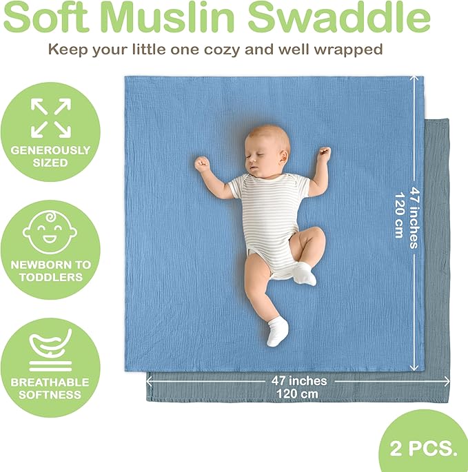 Organic Cotton Muslin Baby Blanket - 47x47 Inch Breathable Swaddle, Hypoallergenic Double-Layer, Versatile Use (Slate/Aquarius, 47x47 Inch)