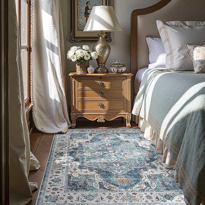 jinchan Area Rug 4x6 Washable Vintage Rug Floor Cover Traditional Thin Blue Multi Distressed Floral Print Indoor Mat for Bedroom Living Room Kitchen Dining Room