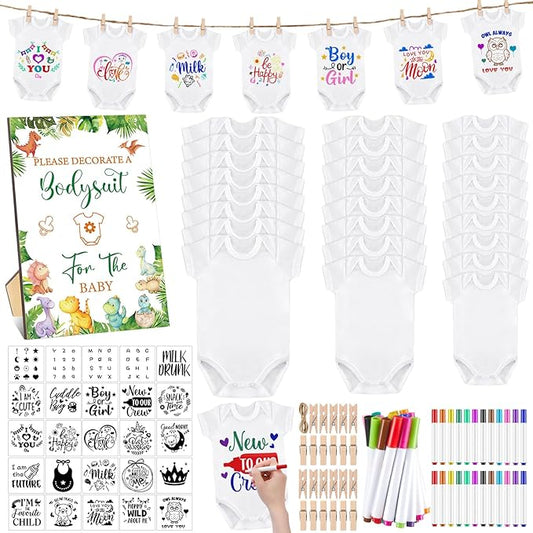 Panitay 126 Pcs Baby Shower DIY Bodysuit Set Rustic Kraft Baby Shower Game Sign DIY Bib 25 Blank White Newborn Bodysuit 25 Stencils 24 Marker 1 Sign 50 Pins for Gender Reveal(Dinosaur)