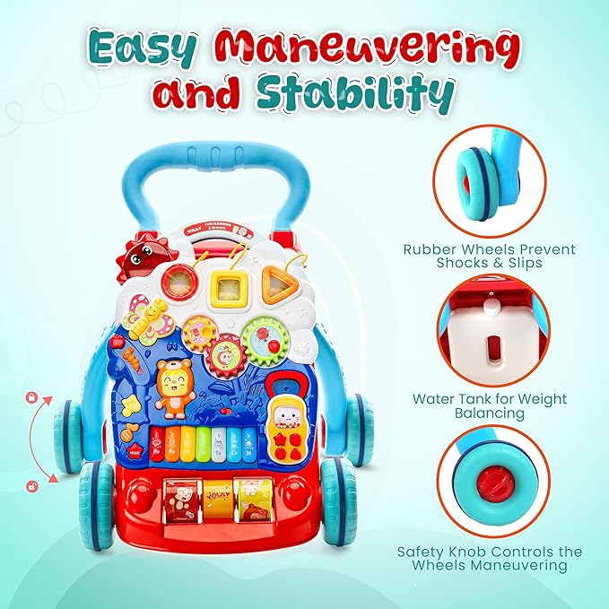 YOLAY Baby Walker Push with Wheels, Sit-to-Stand Walker for Baby Boy and Girl 6-12 Months with Detachable Play Panel, Stable Handle, Early Learning Activity for Kids - Blue