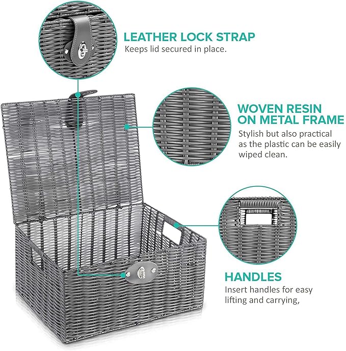 Set of 3 Woven Storage Basket Bin Wicker Hamper Stackable Box with Lid & Lock, Container Tote Cube Organizer for Nursery, Baby Toiletry, Diaper, Toys, Home Closet, Laundry, DVD, Book (Grey)
