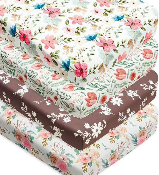 4 Pack Baby Girl Crib Sheets Set Soft Fitted Floral or Elephant Theme Baby Girl Mattress Covers Breathable Toddler Bed Sheets for Infant or Newborn Girls (Flower, Crib Sheets)