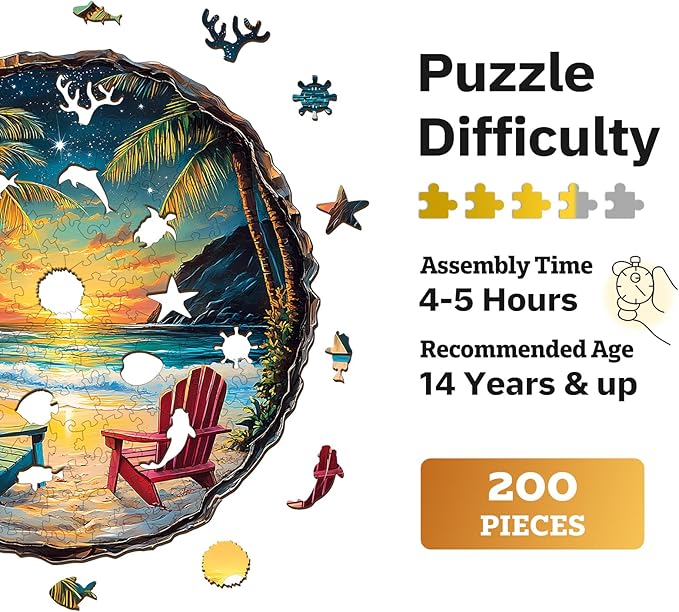 Jigfoxy Wooden Puzzle for Adults,Sunset Beach Wooden Jigsaw Puzzles for Adults, Unique Animal Shape Wood Cut Puzzles for Family Friend Puzzle Lovers(M-11.4 * 11.3in-200pcs)