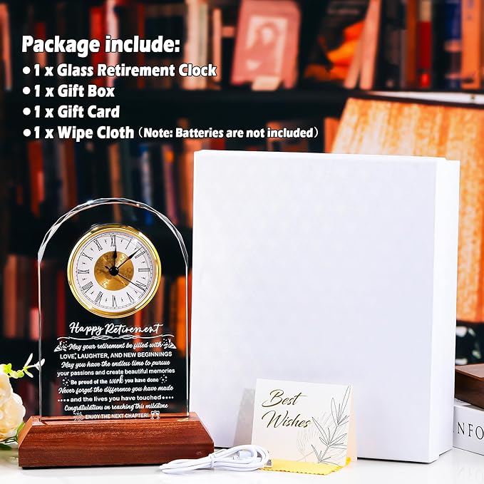 Glass Retirement Clock With Wooden Light Base - Happy Retirement Plaque for Women Men Colleagues Boss Friend - Farewell Gift Idea for Her Going Away - Retired Keepsakes for Teacher Doctor