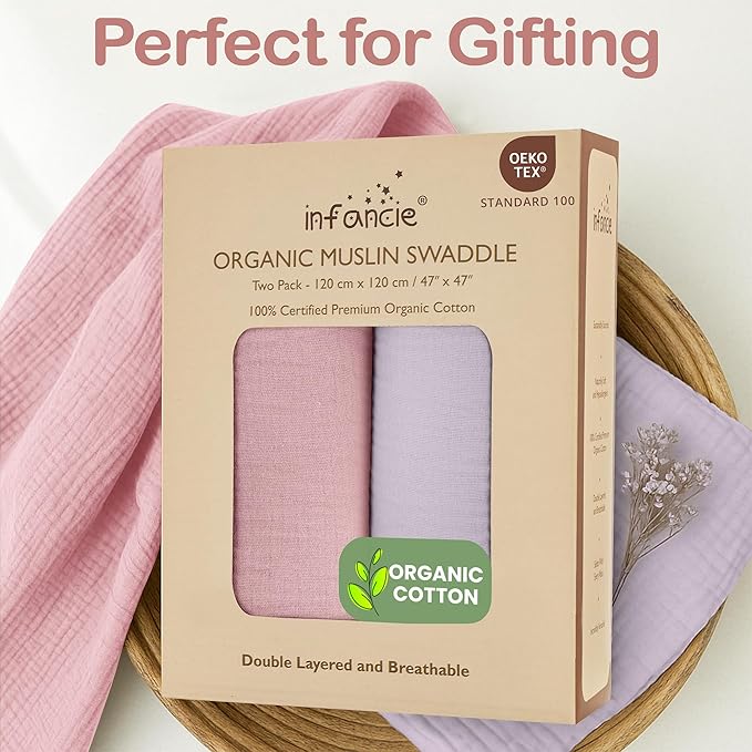 Organic Cotton Muslin Baby Blanket - 47x47 Inch Breathable Swaddle, Hypoallergenic Double-Layer, Versatile Use (Light Pink/Light Purple, 47x47 Inch)