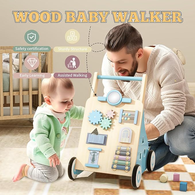 Wooden Baby Walker, Baby Push Walker Adjustable Height and Speed Multiple Learning Activity Walker Baby Walker with Wheels for Girls 6-12 Months, Blue
