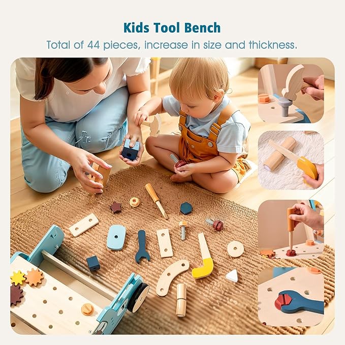 IEATFO Wooden Baby Walker Adjustable Height with Tool Bench and Toy Storage Wagon - Multifunctional Toddler Push Walker Ergonomically Designed for Natural Walking - 3+ Years of Continuous Use