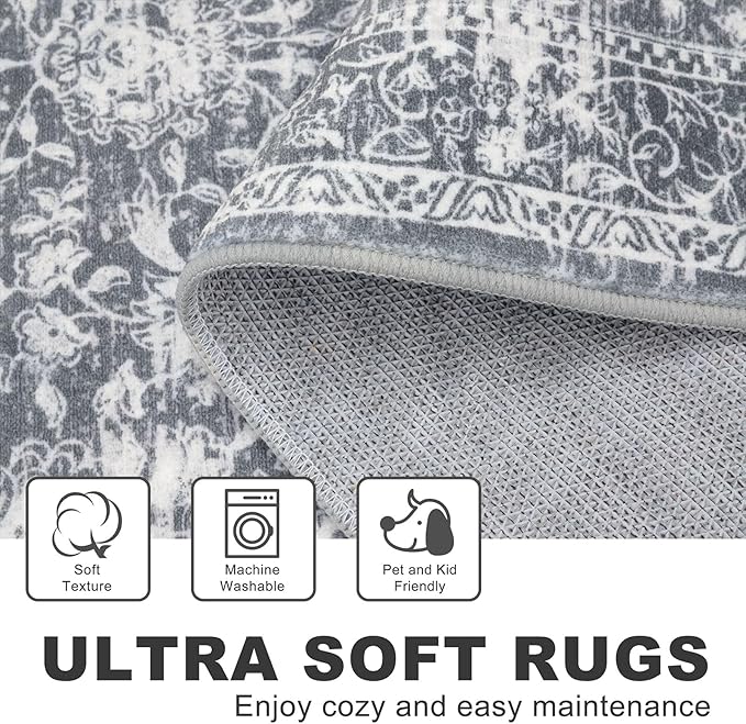 KILOCOCO Hallway Runner 2x5 Kitchen Runner Rug Printed Vintage Floral Washable Non-Slip Runners for Hallways Laundry Room Rugs Distressed Boho Rug Runners for Bedroom, Grey