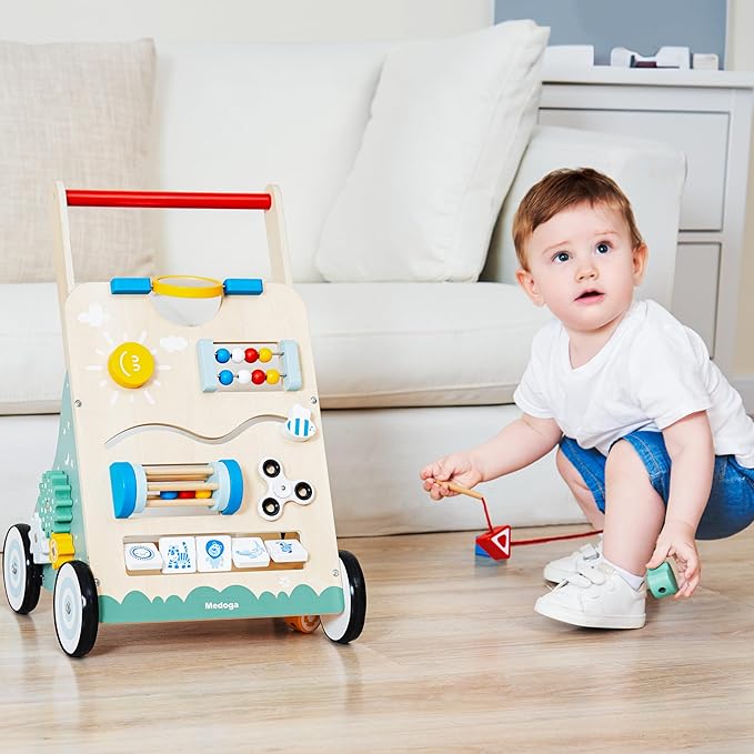 Wooden Baby Walker, 10 in 1 Baby Activity Center Walker Adjustable Wood Toddler Walker Push Walker Toy for Boys and Girls (BW001)