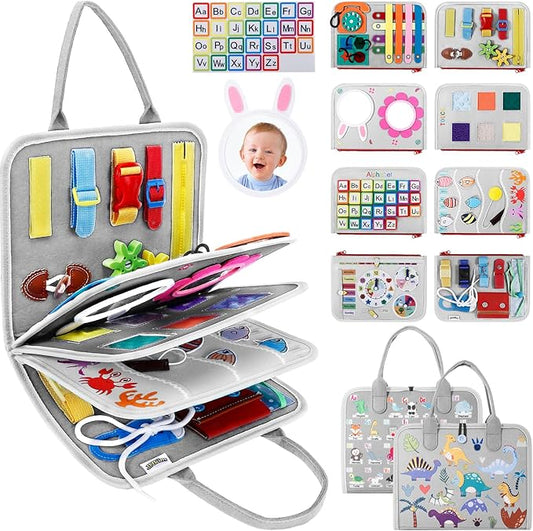 Busy Board Montessori Toys for 1 2 3 4 Year Old Boy & Girl Birthday Gifts, Autism Sensory Travel Toy for Toddlers 1-3, Educational Activity Sensory Board Learning Fine Motor Skills Toys, Gray