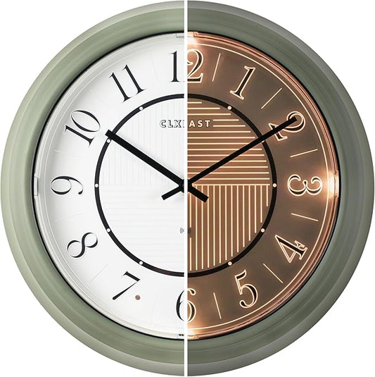 CLXEAST 14" LED Illuminated in/Outdoor Atomic Analog Wall Clock with Night Light,Coastal Beach Nautical Wall Clocks for Outdoor Patio Garden Decor, Olive Sage Green Finish