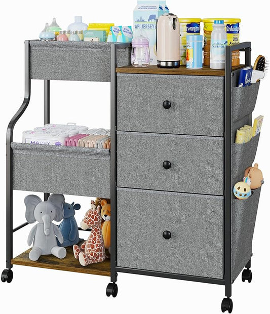 Baby Diaper Caddy, 3 Tier Baby Organizer and Storage Cart with Dividers and Drawers, Mobile Utility Rolling Cart, Newborn Baby Essentials Storage Cart with Wheels for Nursery, Bedroom, Grey