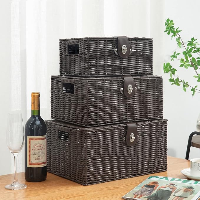 Set of 3 Woven Wicker Storage Basket Box with Lid & Lock, Built-in Carry Handles, Multifunctional Storage Organiser for Nursery, Baby, Clothes, Toys, Books, Large/Medium/Small Size (Brown)