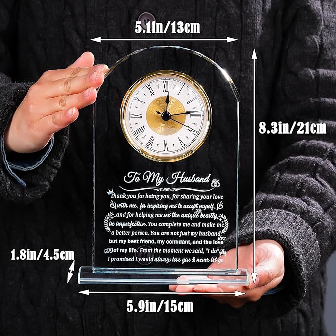 Glass Clock Gifts for Husband from Wife Personalized Gift for Husband Who Has Everything on Birthday Anniversary, Presents for Him on Christmas Home Desk Clock