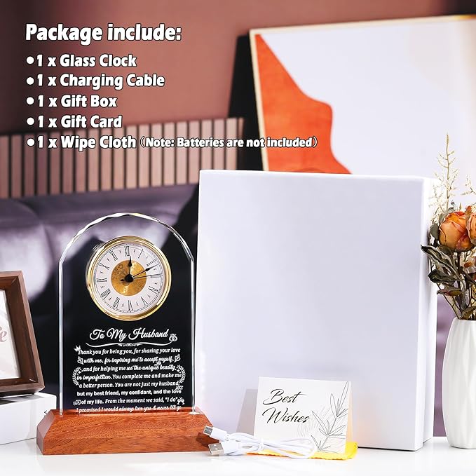 Glass Clock Gifts for Husband from Wife with Wooden Light Base, Personalized Gift for Husband Who Has Everything on Birthday Anniversary, Presents for Him on Christmas Home Desk Clock
