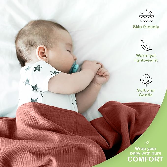 Organic Cotton Muslin Baby Blanket - 47x47 Inch Breathable Swaddle, Hypoallergenic Double-Layer, Versatile Use (Rust/Ivory, 47x47 Inch)