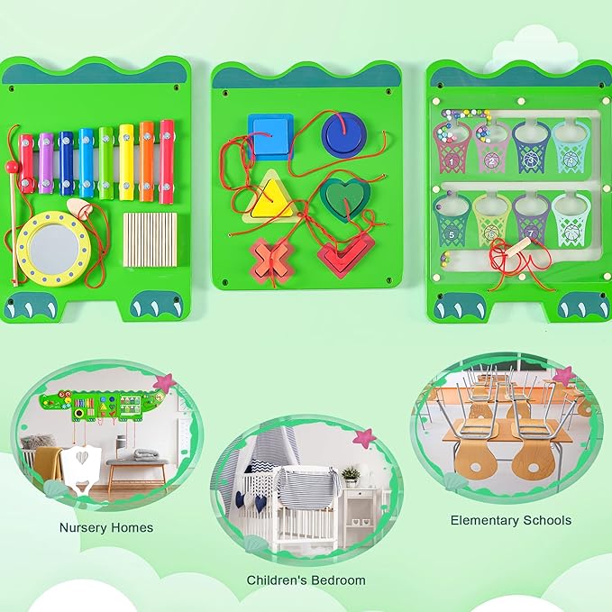 Crocodile Sensory Toys Activity Wall Panels, Educational Montessori Busy Board for Toddlers, Activity Cube - Sensory Wall, Wooden Learning Toys, Interactive Toy-Green