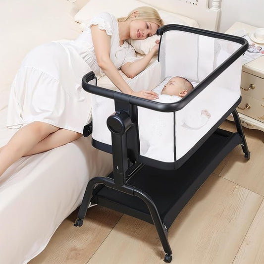 Bedside Cribs 3 in 1 Baby Bassinet Bedside Sleeper with Adjustable Height Easy Folding Portable Crib Comfy Mattress and Wheels - Black