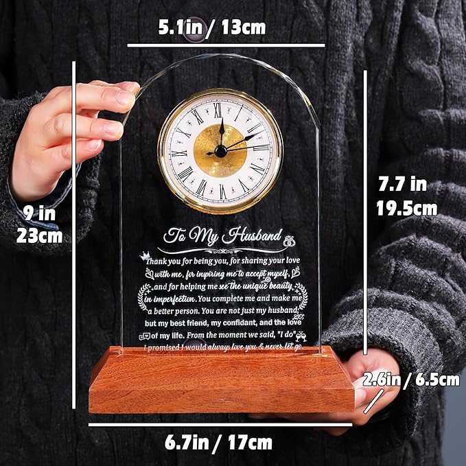 Glass Clock Gifts for Husband from Wife with Wooden Light Base, Personalized Gift for Husband Who Has Everything on Birthday Anniversary, Presents for Him on Christmas Home Desk Clock