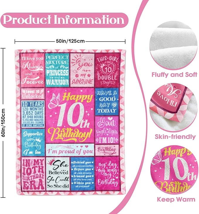 10 Year Old Girl Birthday Gifts, Gifts for 10 Year Old Girl, 10 Year Old Girl Gifts, Birthday Gift for 10 Year Old Girl, 10th Birthday Decorations for Girl, Double Digits Birthday Girl Blanket 50"X60"