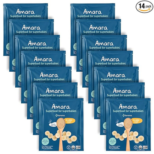 Amara Organic Baby Food - Stage 1 - Banana - Baby Cereal to Mix With Breastmilk, Water or Baby Formula - Shelf Stable Baby Food Pouches Made from Organic Fruit - 14 Pouches, 3.5oz Per Serving