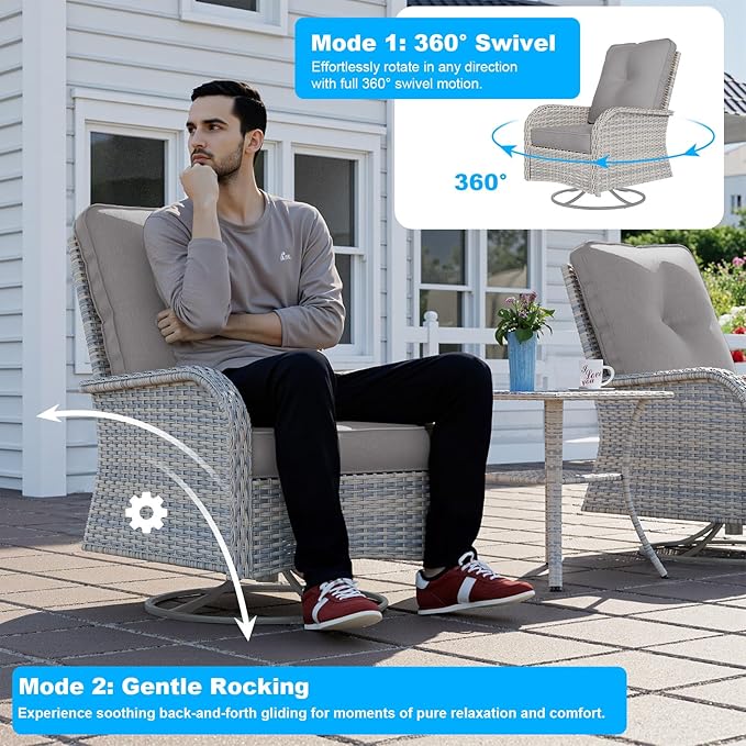 3-Piece Small Patio Furniture Set, Outdoor Swivel Rocking Chairs Set with Wicker Chairs and Tempered Glass Side Table, Outdoor Furniture Patio Bistro Set for Balcony, Deck, Porch