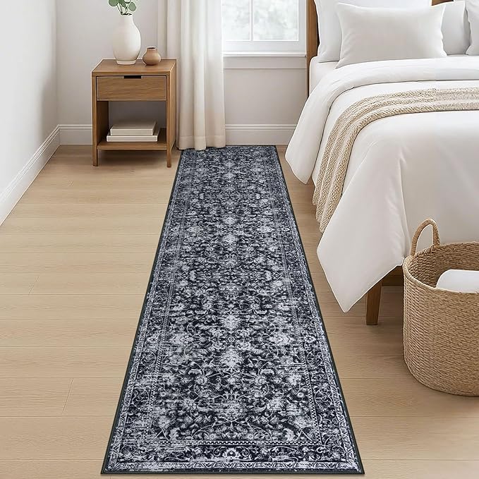 KILOCOCO Hallway Runner 2x8 Rug Runner Printed Vintage Floral Washable Kitchen Runners Non-Slip Rubber Backed Runners for Hallways Distressed Thin Soft Rugs for Entryway Laundry Room, Black/White