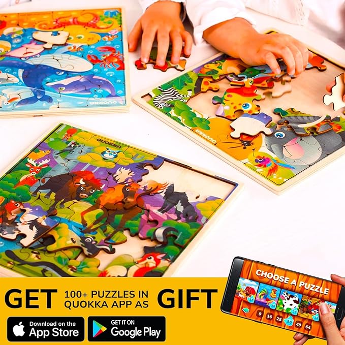 QUOKKA Wooden Wild Animals Puzzles for Kids Ages 3-5 – 28 Pieces Toddlers Kids Puzzles Ages 4-8 Year Olds – Wood Animal Toys for Children Games for Boys and Girls 6-8 yo