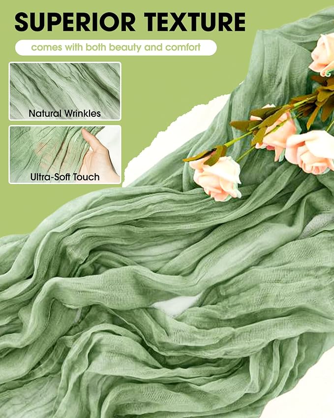 Pureegg 6-Pack Cheese Cloths Table Runner, 120'' Boho Table Cloth Decorations for Party, Baby Shower, Wedding and Farmhouse, Fabric Room Decor, Sage Green