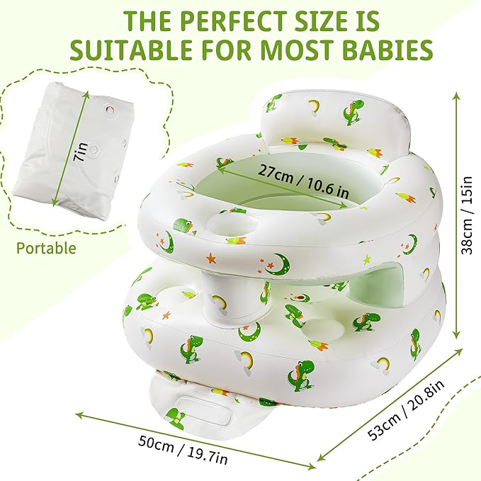 Inflatable Baby Seat with Full Enclosure, Comfortable Sit Me Up Baby Chair for Learning to Sit, Built in Air Pump Blow Up Infant Back Support Floor Seat for Babies 3 Months & Up (Dinosaur-Regular)