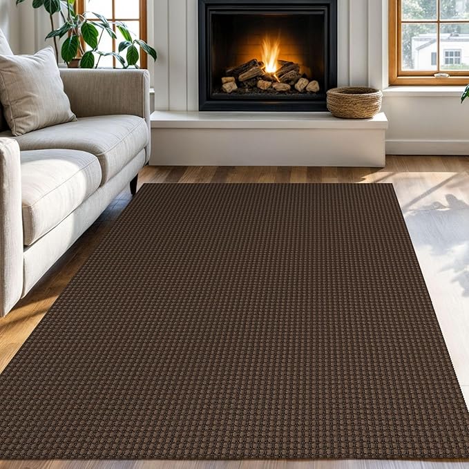 KOZYFLY Washable Area Rug 4x6 ft Non Slip Rubber Backed Living Room Rugs Braided Woven Cotton Kitchen Rugs Indoor Entryway Rug Floor Carpet for Dining Living Room Bedroom, Reddish Brown/Coffee