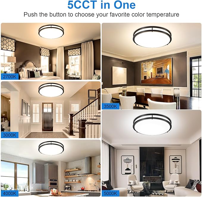 DLLT Flush Mount LED Ceiling Light: 16 Inch 5CCT (3000K-6000K) & Dimmable Ceiling Light Fixtures for Bedroom Hallway - 36W Modern Black Super Bright Kitchen Lighting Fixtures Ceiling