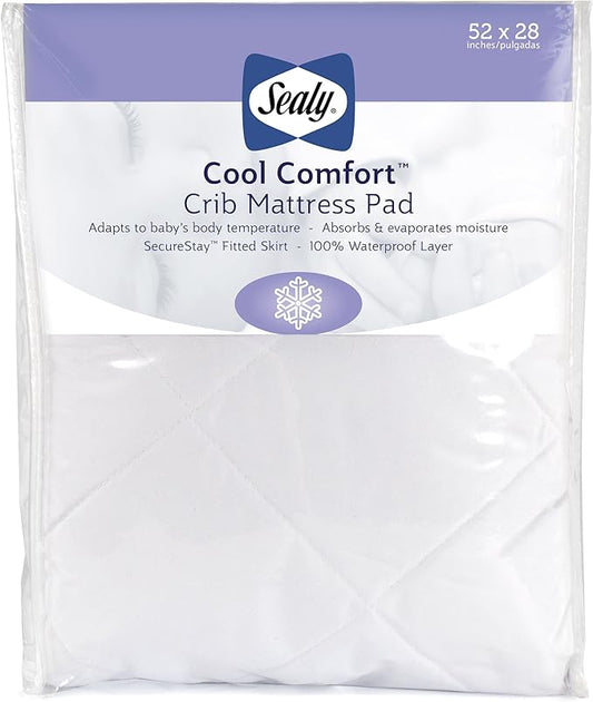 Sealy Baby Cool Comfort Cooling Breathable Waterproof Crib Mattress Protector Pad, Toddler Bed Cover, Infant and Newborn Durable Comfortable Topper, Machine Washable and Dryer Friendly, 52x28”- White