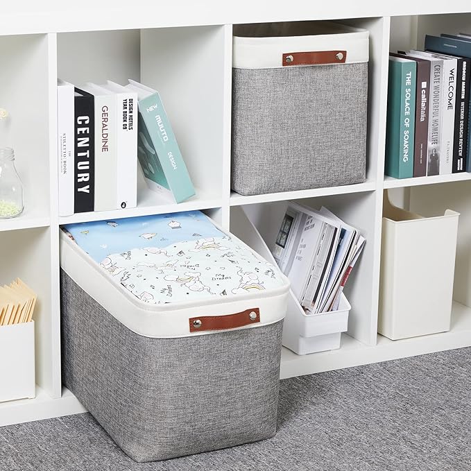 HNZIGE Large Fabric Storage Baskets Bins for Organizing [2 Pack] Foldable Storage Bin Tall Baskets for Shelves 16" X 11.8" X 11.8" Canvas Rectangular Decorative Storage Bins for Closet(Gray&White)