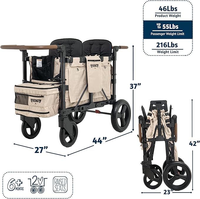 Keenz XC EVO - Luxury Comfort Stroller Wagon | Foldable 2 Passenger Double Seater with Adjustable Canopy | Mocha