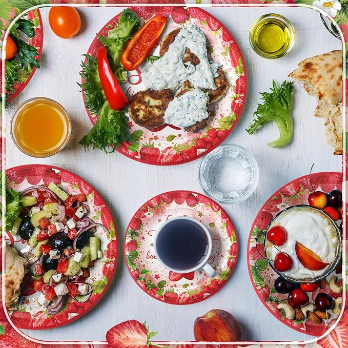 Zhehao 96 Pcs Twins Baby Shower Decorations Supplies Twins Cuties Baby Shower Tableware Set Eucalyptus Leaf Orange Strawberry Themed Plates Napkins Forks for 24 Guests (Strawberry)