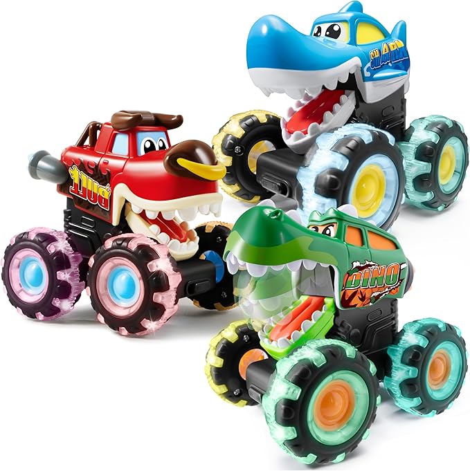 JOYIN 3 Pack Monster Truck Toy - Motion Activated Light-Up Cars for Toddlers - Monster Treads Lightning Wheels - Baby Toy Present - Press & Go Cars for Boys Girls Birthday Gifts for Christmas